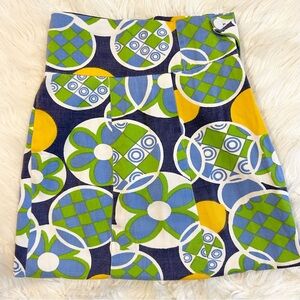 Vintage Style Mod Psychedelic Floral Geometric Mini Skirt Blue Green Yellow High
